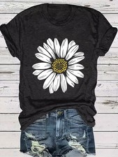 Women Daisy Floral Graphic T-Shirt Summer Flower Casual Crew Neck Tee Top