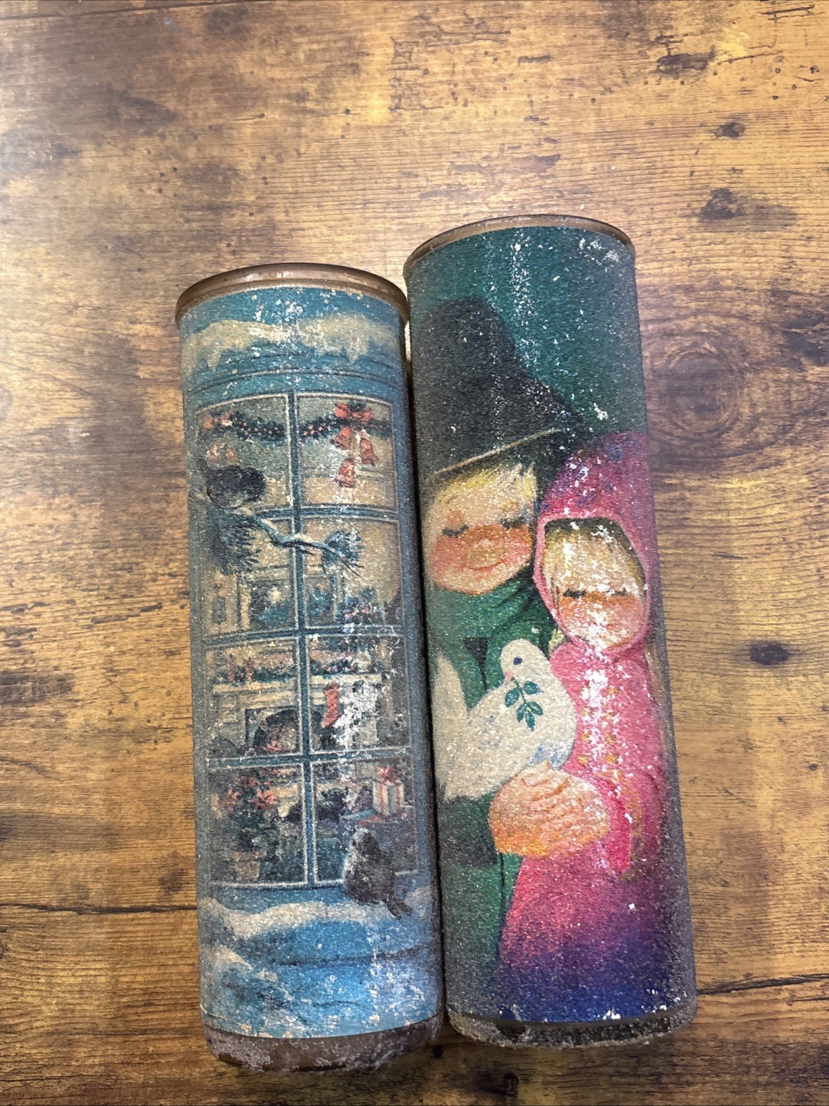 2 Vintage 1970's Sugar Frosted Christmas Pillar Candles