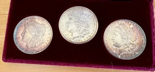 1880-S, 1881-S, 1882-S Morgan Silver Dollar Uncirculated 3-coin Set -Velvet Case