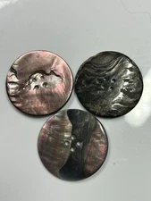 Button 3 Brown gray iridescent 4 hole round plastic vintage flat 1 1/4 inch VTG