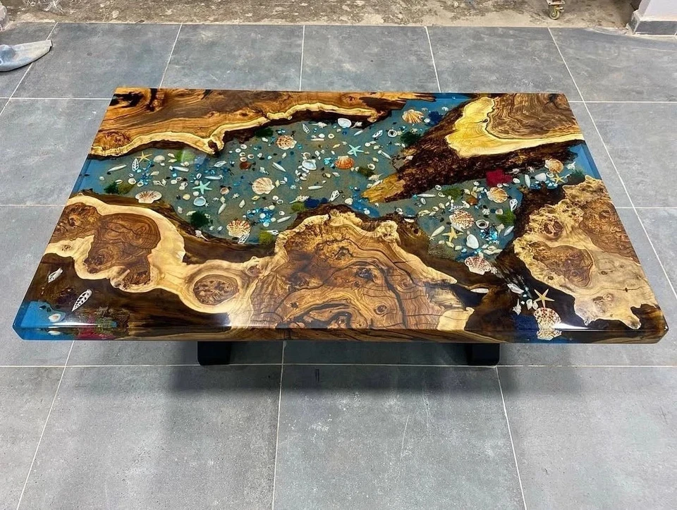 Ocean Epoxy River Table – Live Edge Wood & Resin Dining Coffee Desk, epoxy table - Image 2 of 4