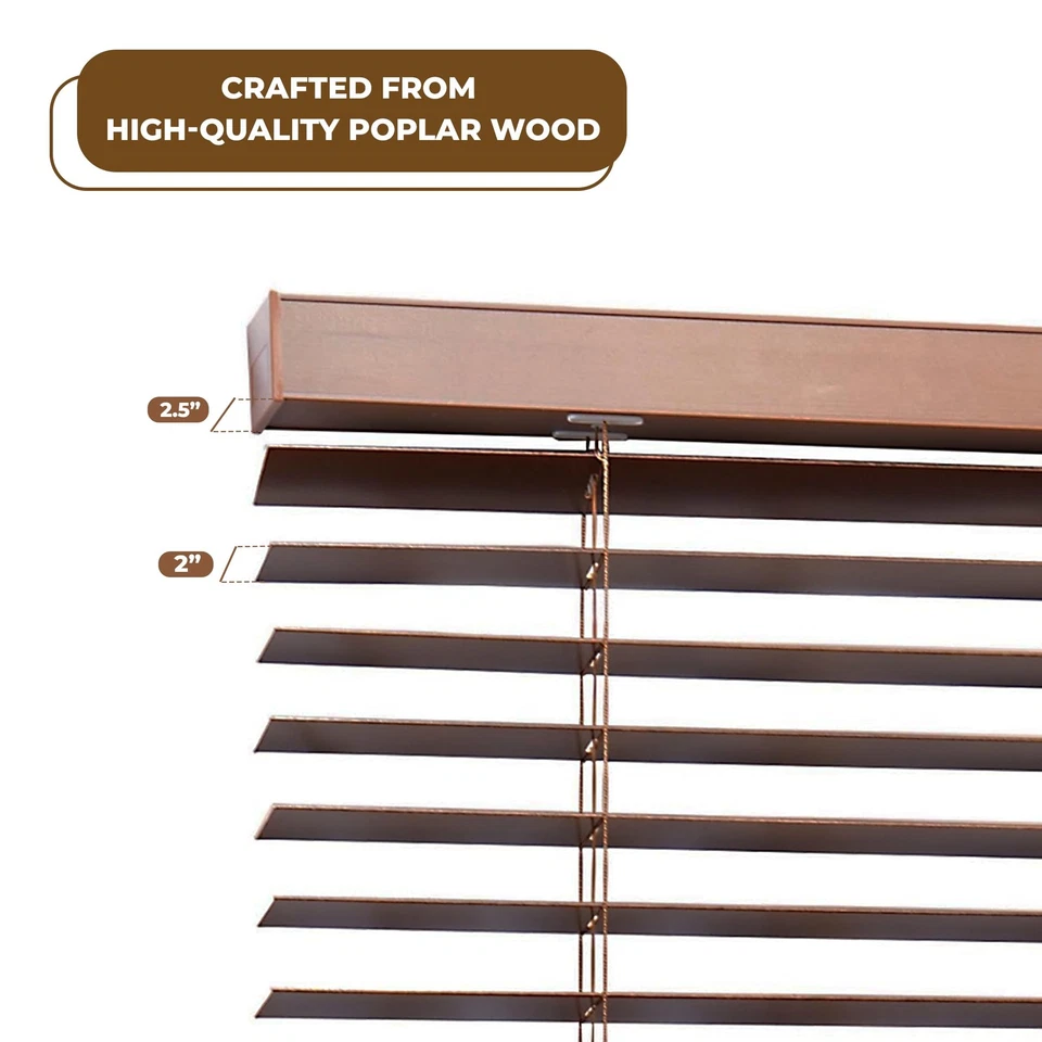 Persianas venecianas de madera de álamo marrón, 34" de ancho x 60" de largo x 7 D, ajuste personalizado horizontal... Foto 4 de 4