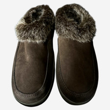Women  s Suede Comfort Clog Slippers Brown Faux Fur Lined Indoor Outdoor Size 9