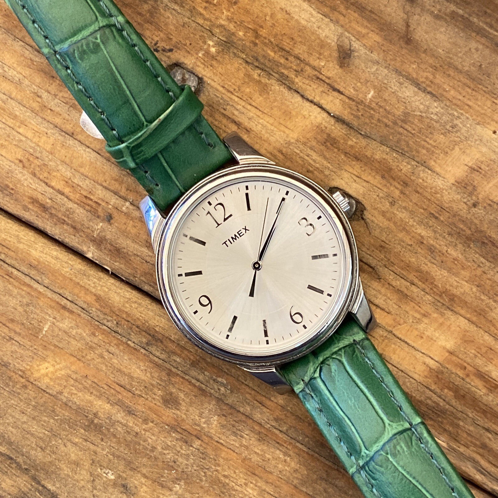 Timex 35mm Silver-Tone Watch with Green Leather Strap T2P092  