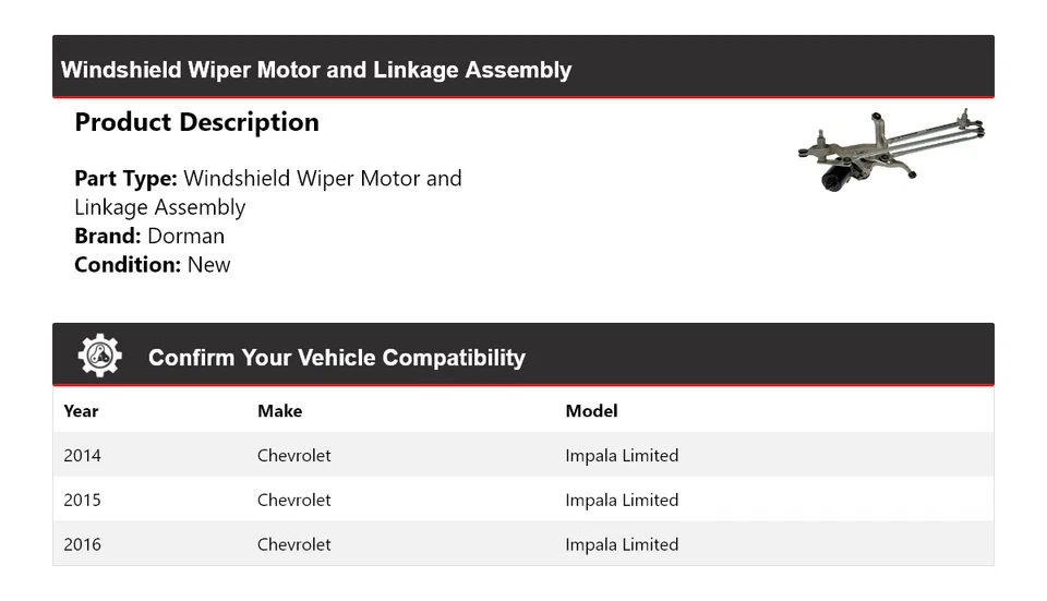 Conjunto de motor y acoplamiento limpiaparabrisas Dorman Limited 2014-2016 Chevrolet Impala Foto 2 de 4
