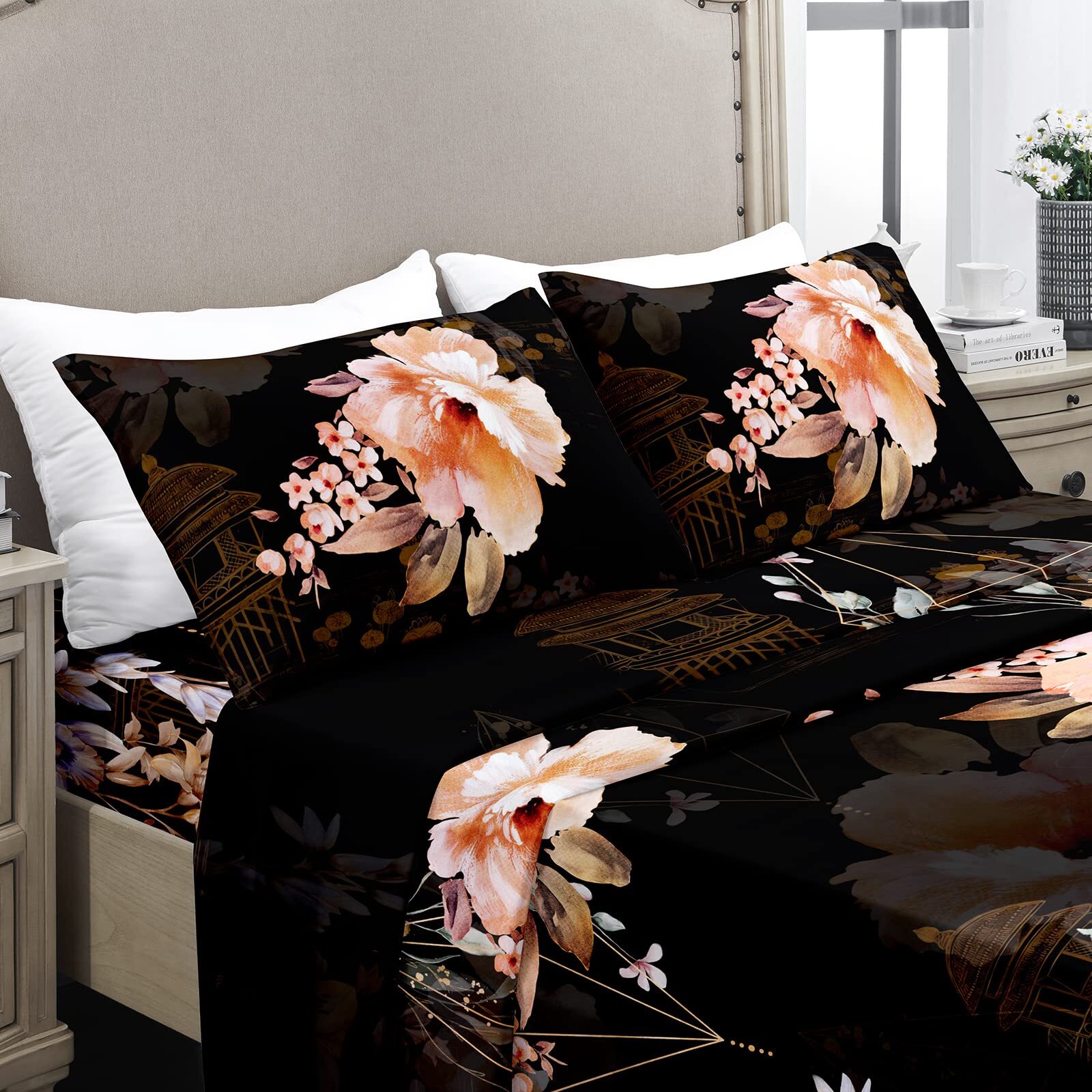 Queen Sheet Set Luxury 1800TC Hotel Quality Double Brushed Microfiber Floral ...