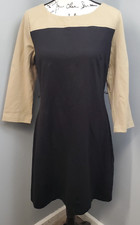 Talbots Shift Dress Womens Size 10 Tan Black Long Sleeve Round Neck Back Zipper
