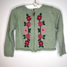 Hartstrings Vintage Girls Green Knit Embroidered Flowers Zip Up Cardigan size 6X