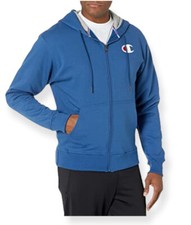 Champion Men's Athletics Powerblend Fleece Full Zip Hoodie, Logo, Light blue