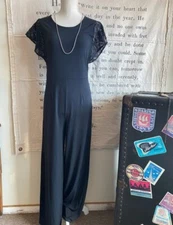 H Halston Black Regular Jet Set Jersey Wide-Leg Jumpsuit Lace Sleeves New
