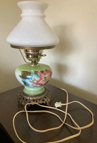 Vintage Hand Painted Parlor Hurricane Lamp with Milk Glass Dome and 3-way Switch