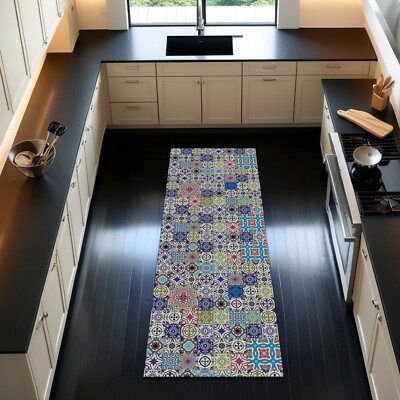 Mosaic Tile Pattern Modern Kitchen Runner Rug Bohemian Ceramic Decor | eBay