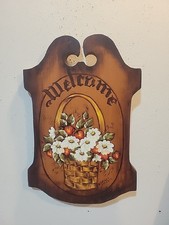 Welcome Sign Hand Painted Tole Wall Plaque Floral Wooden Cottage Country 13.5" L