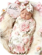 Baby Girl Newborn Receiving Blanket W/ Headband Set Baby Swaddle Nursery Swaddle