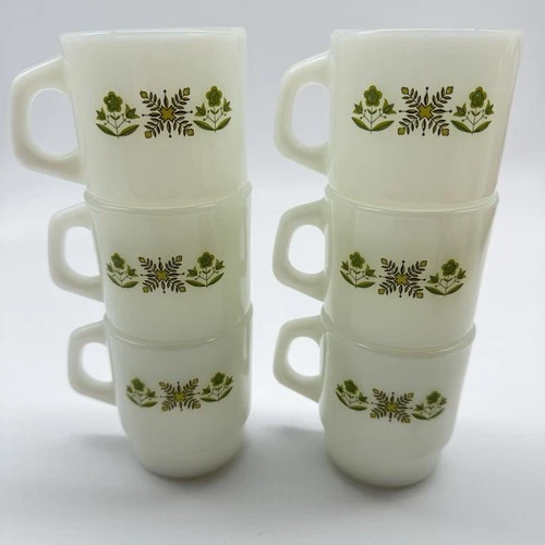 Set of 6 Vintage FIRE KING Meadow Green D Handle Stackable Coffee Cups Mugs