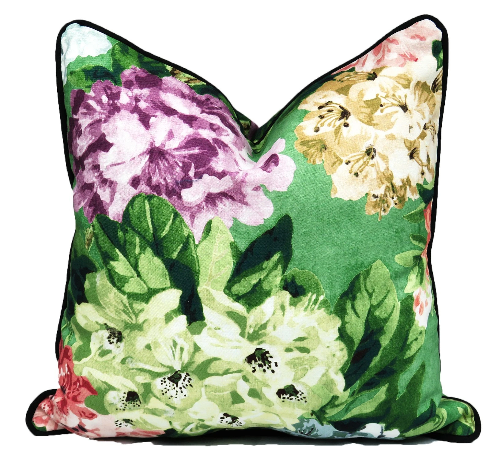 Throw Pillow Cover Case 18" Cushion Green Floral Decorative Cord Trim Handmade