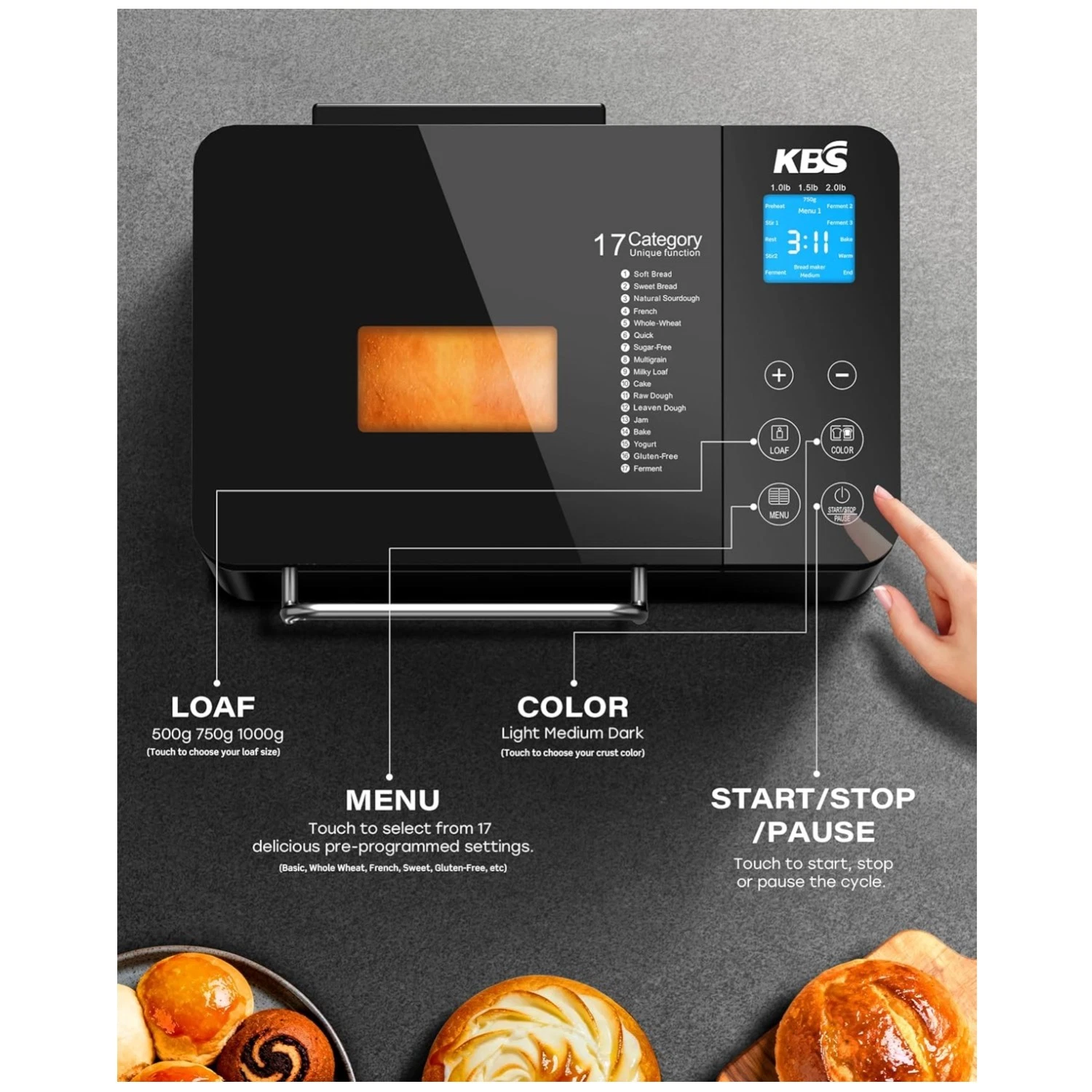 Stainless Steel 17-in-1 Bread Maker, 2LB Capacity, 15H Timer
