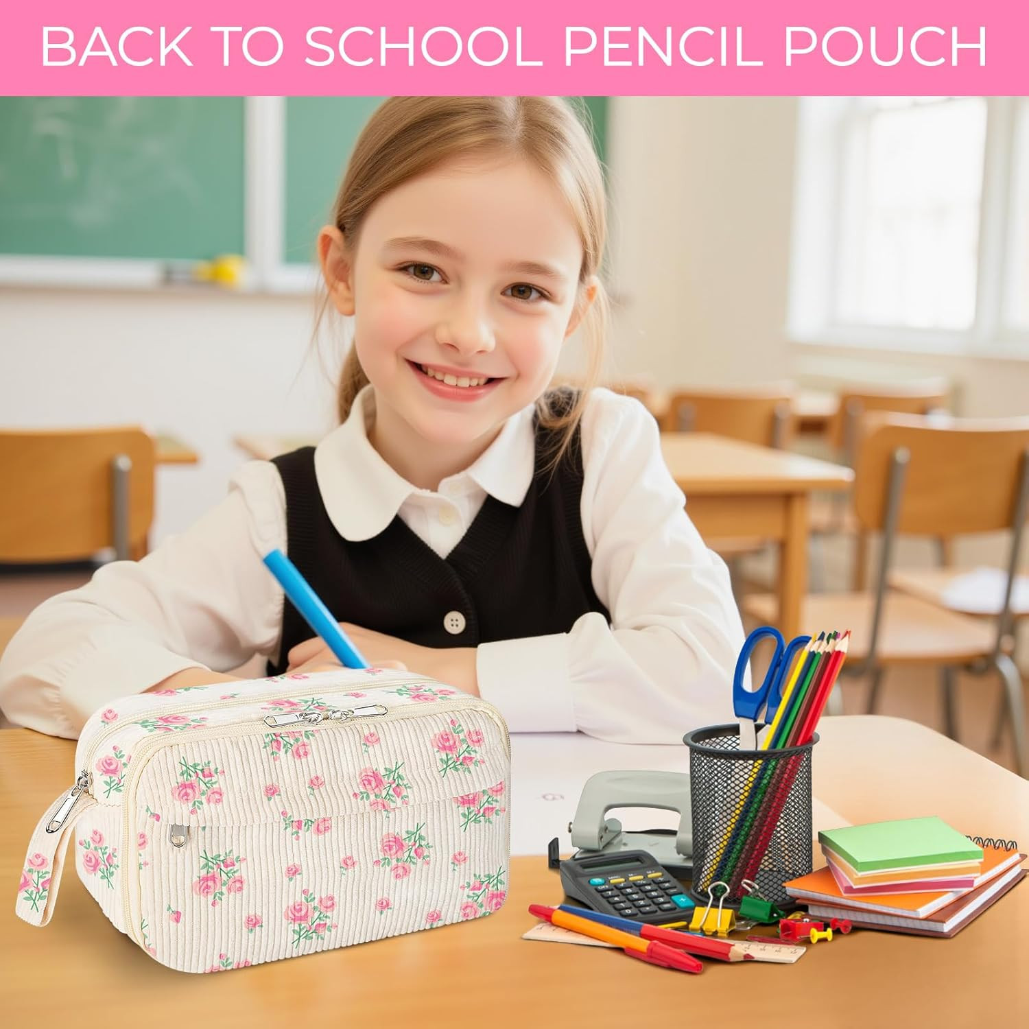 Cute Pencil Case for Girls,Large Corduroy Zippered Pencil Case Pouch, aesthetic 