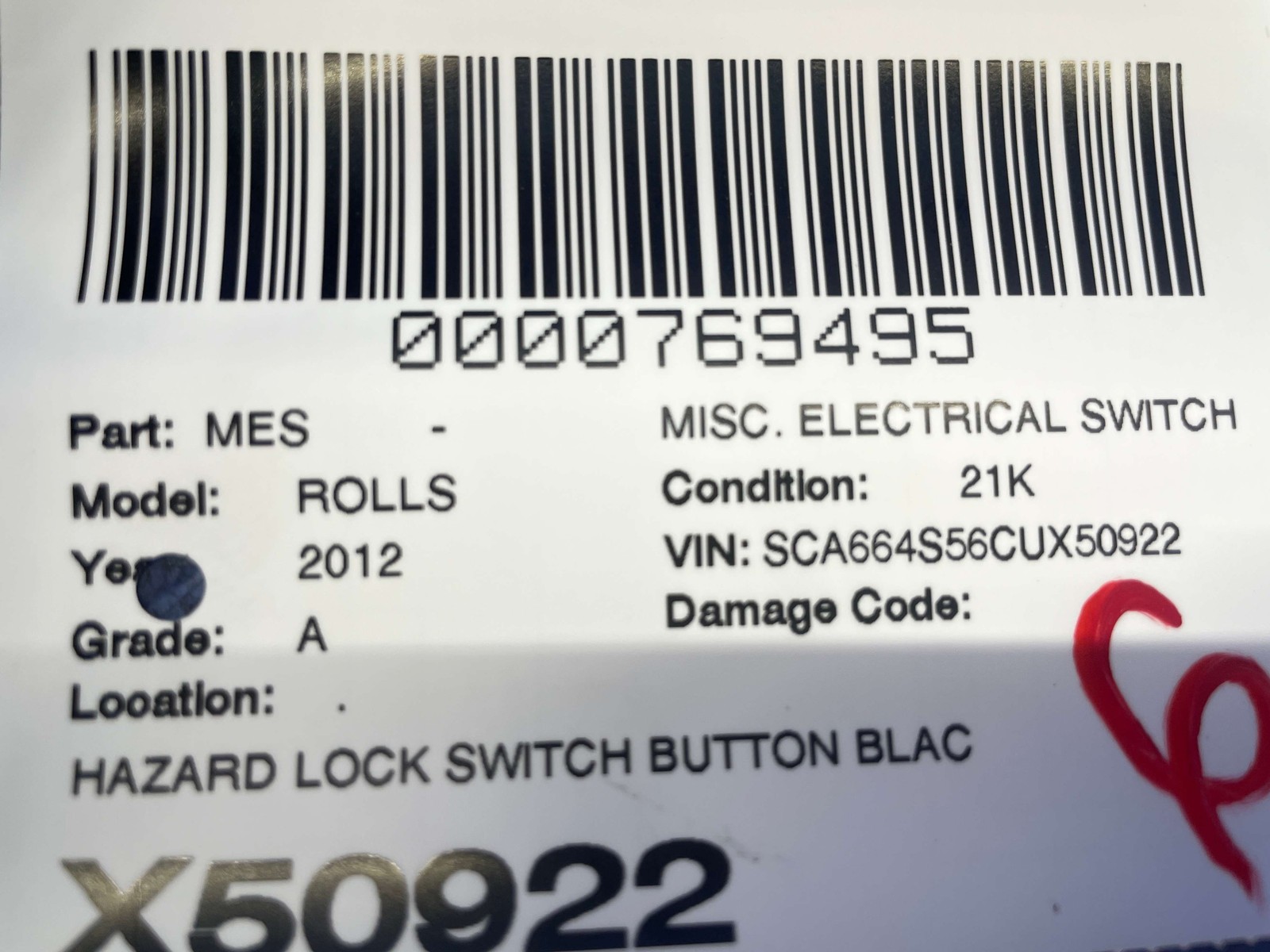 Rolls-Royce Ghost 2009-2014 Hazard switch Black P/N 9173699