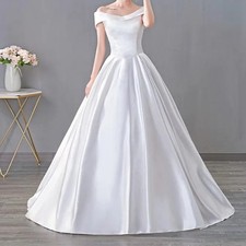It's Yiiya Wedding Dresses White Satin Simple Off the Shoulder Pleat Lace up