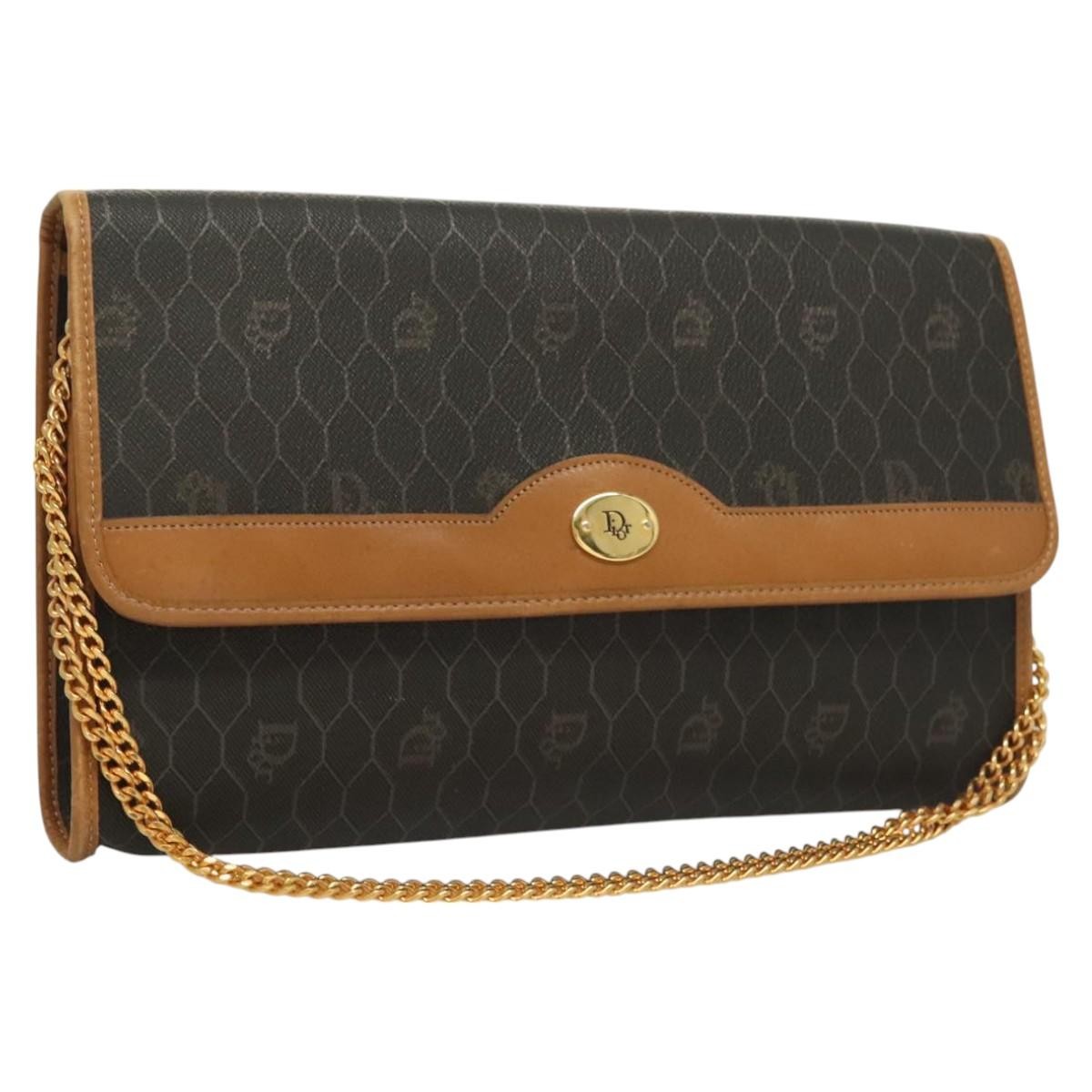 Christian Dior Black Gold Honeycomb PVC Chain Shoulder Bag Auth 125740