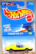 1996 Hot Wheels Blue/White Card #604 FERRARI 308 GTS Yellow w/Chrome Lace Spoke