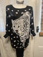 MODA Rare Vintage 70s/80s Sequined White Tiger Mini-Dress Blouse Top One Size