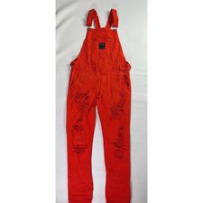 Forever 21 Sz 33 Worldwide Best Club Red Y2K Distressed Denim Overalls Slim Fit