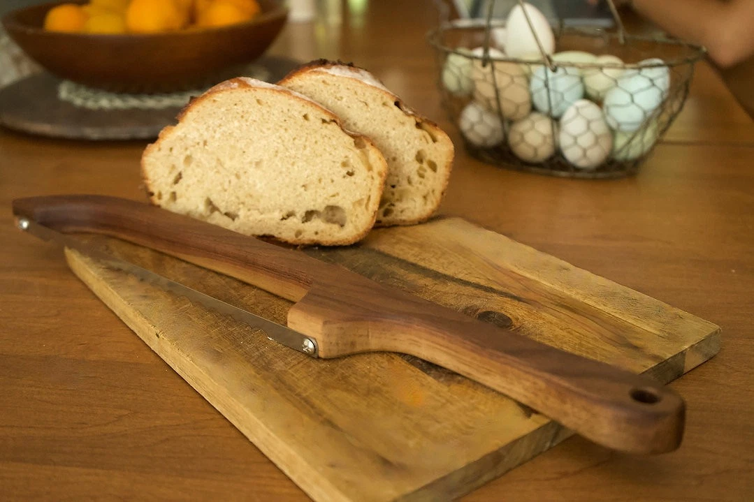 Walnut Hardwood Bow Bread Knife w/ *Magnetic Blade Guard* ORGANIC Finish