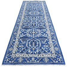 4'3"x11'9" Blue Fine Peshawar Soft Wool Hand Knotted Wide Runner Rug R72385