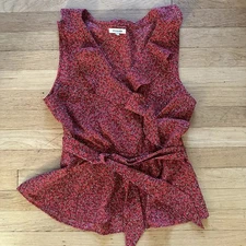 Max Studio Red Floral Sleeveless Faux Wrap Blouse L