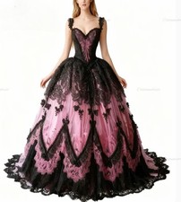 Romantic Pink And Black Gothic Wedding Dresses Sweetheart Lace Dracula Vampire