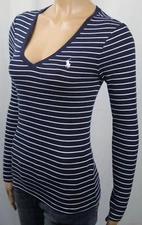 Ralph Lauren Navy Blue White Striped Long Sleeve Knit Top Shirt V-Neck NWT