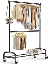 Heavy Duty Double Rod Garment Rack on Wheels, Metal, Adjustable, Black