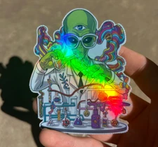 Alien Science Lab Holographic Sticker Waterproof Vinyl Trippy Stoner Art Decal