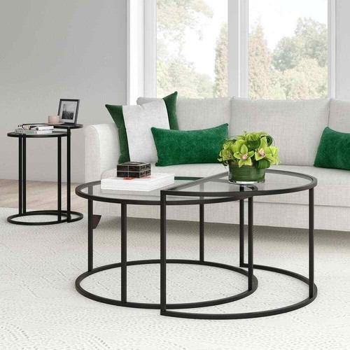 Luna 30 in. Blackened Bronze Round Glass Nested Coffee Table with 2