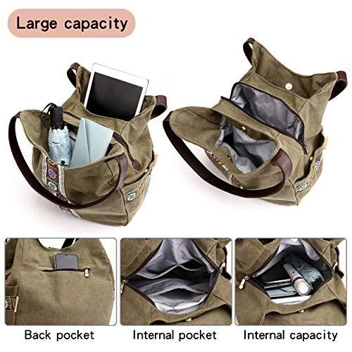 Worldlyda Women Canvas Purse Multi Pocket Tote Shopper Shoulder Bag Casual Top - Image 4 of 4