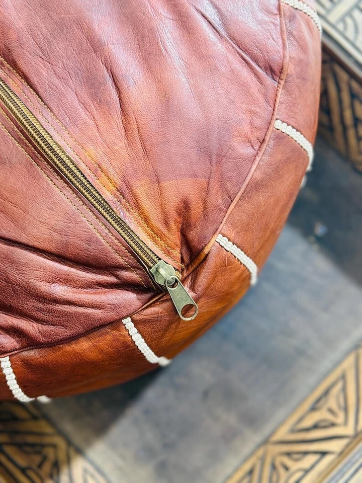 Moroccan leather pouf, Moroccan Ottoman pouf, moroccan pouf light brown - Image 2 of 4