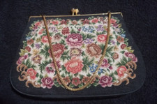 Vintage Micro Petit Point Floral Tapestry Evening Purse Black Gold Floral 70's