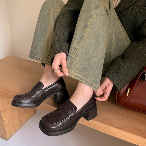 Spring Womens Loafers High Chunky Heels Round Toe Slip On Leather Casual Shoes - Picture 5 of 22