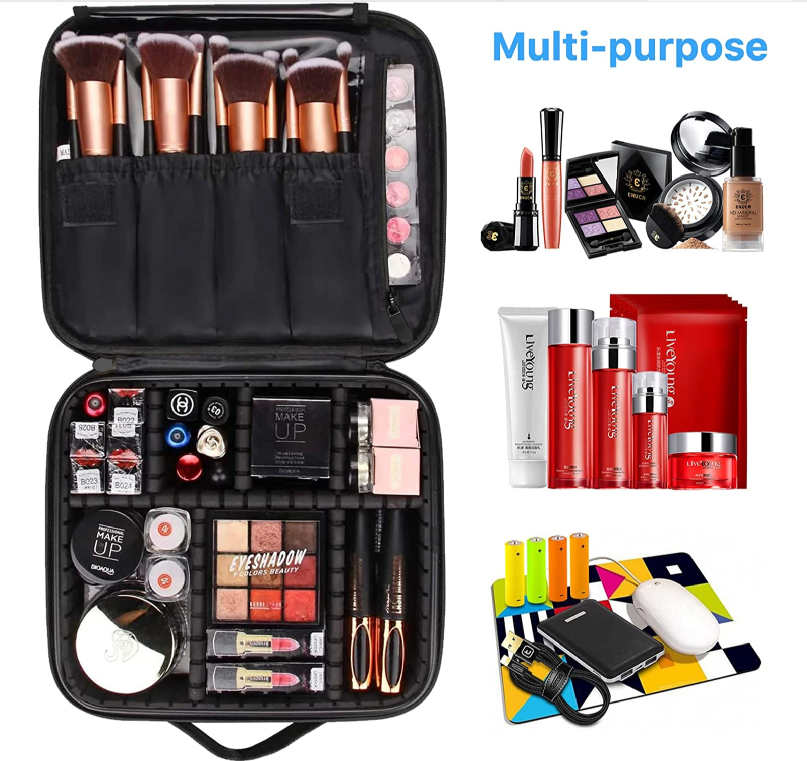 Makeup Bag Organizer with Extra 3 Brushes Adjustable Dividers Cosmetic Bag Po-image
