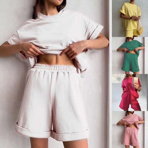 Ladies Loose Fit Solid Color Lounge Sets Women Beach Casual Elastic Waist - Bild 2 von 19