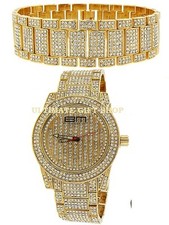 BLING MASTER 2 PC SET ELEGANTE PAVE BAND+GOLD CRYSTAL COVERD DIAL WATCH+BRACELET