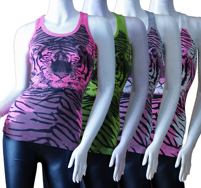 Damen Tank Top Racerback Ringerrücken Trägertop Trägershirt Rundhalz Tigermotiv