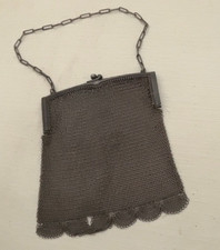 Antique Silver Plate Mesh Purse Chainmail Art Deco Fringe Evening Bag W/Chain