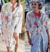 Zara kimono Sea Life Oversized Embroidered Cotton Midi Shirt Dress tunic Size L