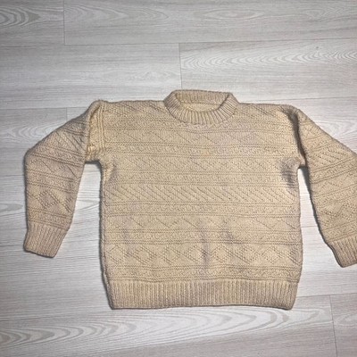 Irischer Damenpullover UK 16 beige Zopfmuster Rippborte Rundhals Winterpullover