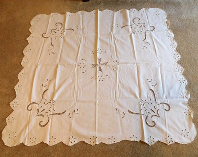 Vintage Table Cloth - Scalloped 46'' x 51'' - Embroidered with Open Design  (#L21)