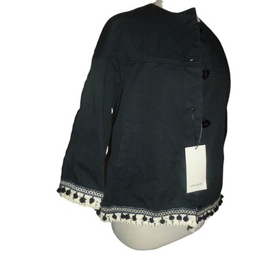 Zara Basic Womens XS Black Cotton Pom Pom Trim Button Front Boho Jacket NEW