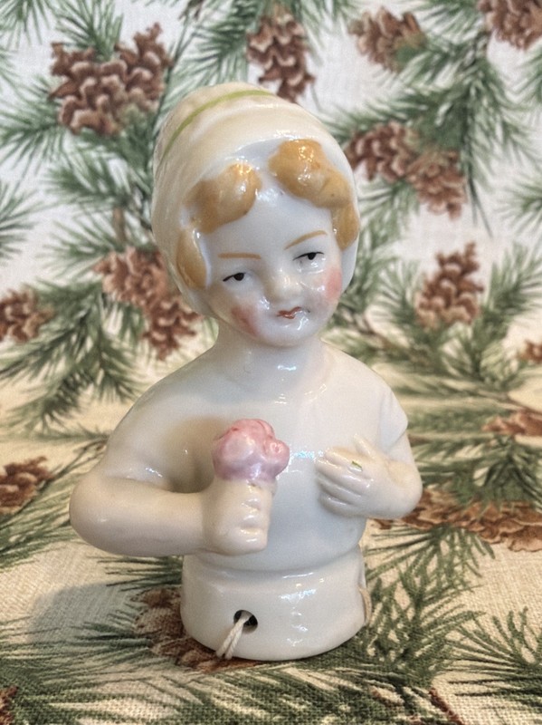 Half Doll Little Girl in White Hat W/ Rose Bouquet *Pin Cushion